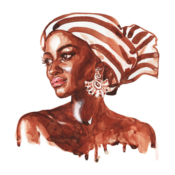 Aquarel schoonheid Afrikaanse vrouw. Schilderij mode illustratie. Hand getekend portret van mooi meisje op witte achtergrond - Foto, afbeelding