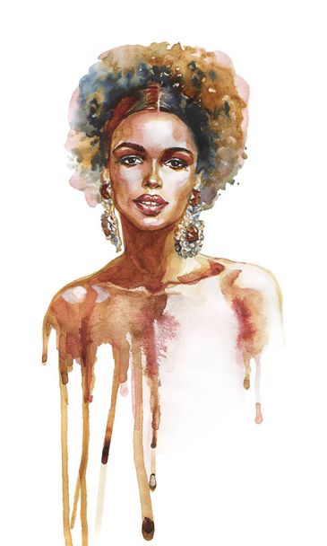 Watercolor beauty african woman. Painting fashion illustration. Hand drawn portrait of pretty girl on white background - Photo, Image