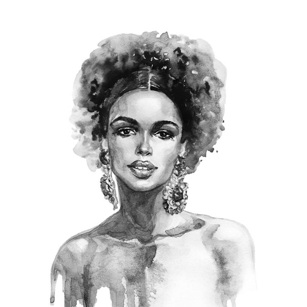 Sulu boya güzellik Afrikalı kadın. Resim moda illüstrasyon. Güzel kız beyaz arka plan üzerinde elle çizilmiş portresi - Fotoğraf, Görsel