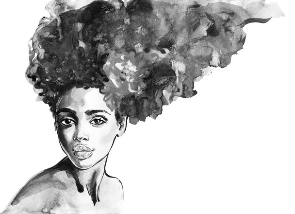 Sulu boya güzellik Afrikalı kadın. Resim moda illüstrasyon. Güzel kız beyaz arka plan üzerinde elle çizilmiş portresi - Fotoğraf, Görsel