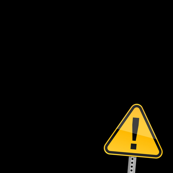Pequeno sinal de aviso de estrada amarelo com símbolo de ponto de exclamação no fundo preto
 - Vetor, Imagem
