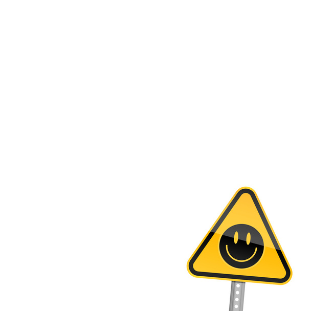 kleines gelbes Verkehrswarnschild mit schwarzem Smiley-Symbol - Vektor, Bild