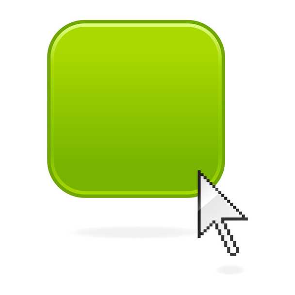 Green glossy blank rounded squares button and cursor with drop shadow on white - Vector, Image