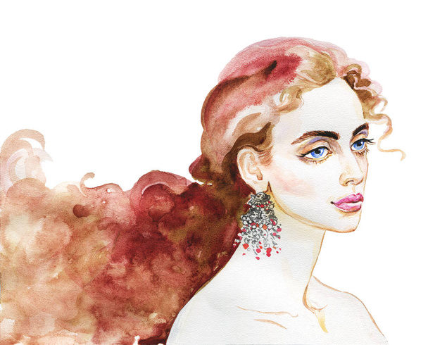 Watercolor beauty young woman. Hand drawn portrait of girl. Painting fashion illustration on white background - Valokuva, kuva