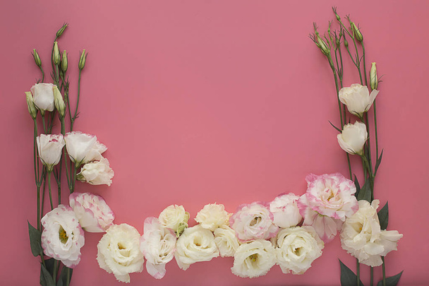 white fresh eustoma flowers on a pink backgroun - Zdjęcie, obraz
