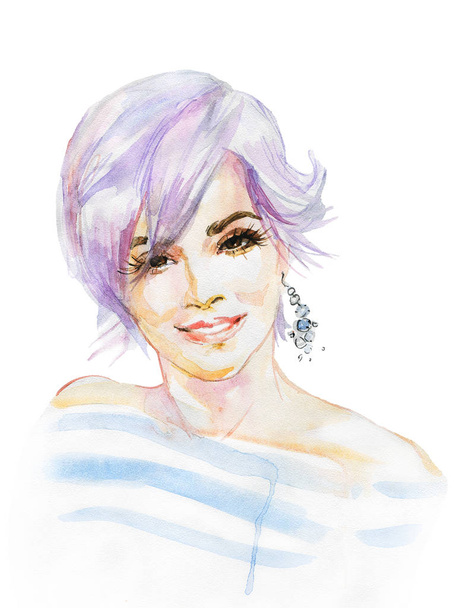Aquarela beleza jovem mulher com corte de cabelo moderno. Retrato desenhado à mão de uma senhora sorridente e feliz. Pintura de moda ilustração no fundo branco
 - Foto, Imagem