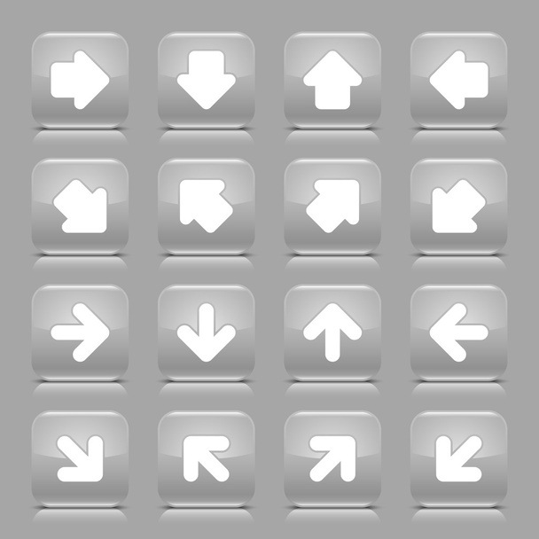 Gray glossy web button with white arrow sign. Rounded square shape internet icon with shadow and reflection on light gray background. This vector illustration created and saved in 8 eps - Vector, Image