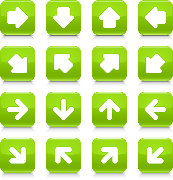 白い矢印記号の付いた緑の光沢があるウェブ ボタン。影と白い背景に反射と丸みを帯びた正方形インターネット アイコン。このベクトル図 8 eps 形式で保存 - ベクター画像