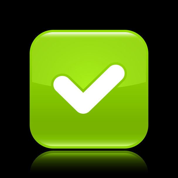 チェック記号の付いた緑の光沢があるウェブ 2.0 ボタン。黒の背景に反射と正方形を四捨五入 - ベクター画像