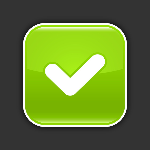 groene glossy web knop met selectievakje teken. afgerond vierkant pictogram met zwarte schaduw en gekleurde reflectie op donkere grijze achtergrond. Deze vectorillustratie gemaakt en opgeslagen in 8 eps - Vector, afbeelding