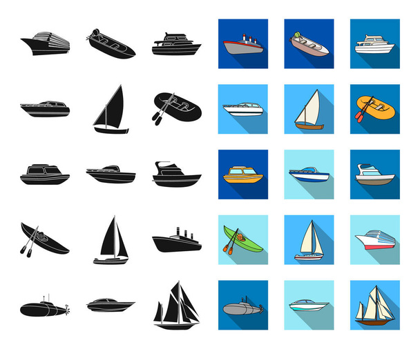 Водний і морський транспорт чорний, плоскі значки в наборі для дизайну. Різні човни і кораблі Векторні символи стокові ілюстрації
. - Вектор, зображення