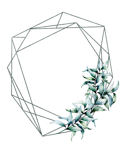 Акварельная полигональная рамка с эвкалиптовым покрытием. Ручная рисованная современная цветочная этикетка с эвкалиптовыми листьями и ветвями на белом фоне. Свадьба, шаблон поздравления для дизайна, печать
 - Фото, изображение