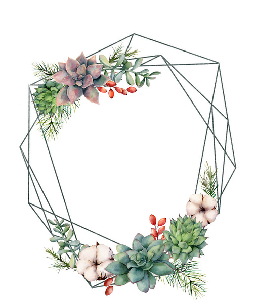 Watercolor polygonal frame with succulents and eucalyptus. Hand drawn modern floral label with eucalyptus leaves and branches isolated on white. Wedding, greeting template for design, print - Foto, Bild