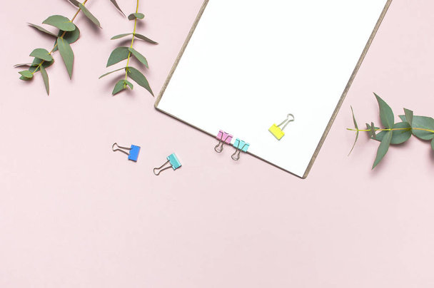 Flat lay clipboard with blank paper, green eucalyptus branches on pastel pink background. Top view female office workspace minimal mock up template concept, copy space. Feminine floral desktop. - Photo, Image