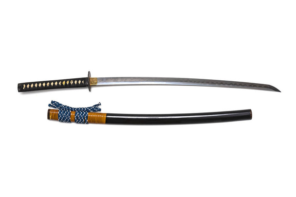 Japanese sword  steel fitting and  black scabbard isolated in white background - Photo, Image