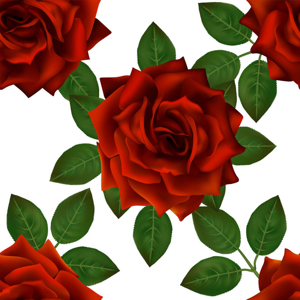 Modello senza cuciture con rose rosse. Bellissimi fiori realistici con foglie. Germoglio di rosa fotorealitico, vettore pulito alto risultato dettagliato
 . - Vettoriali, immagini
