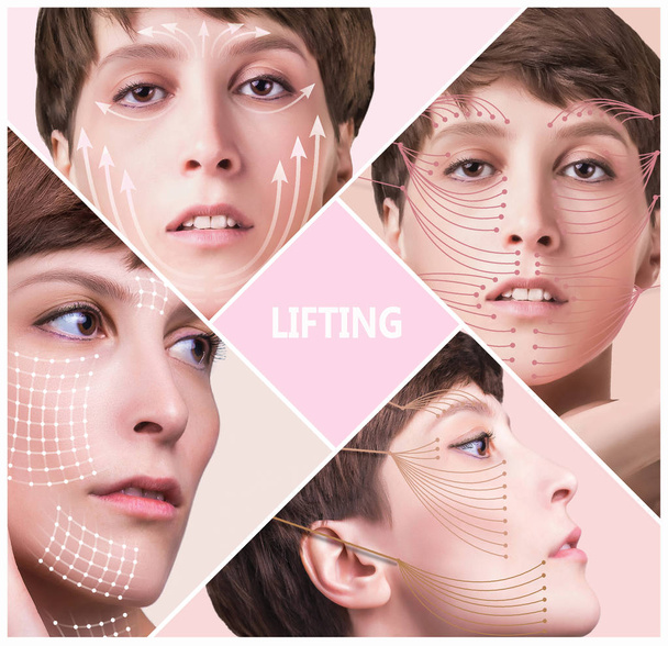 plastische huidchirurgie concept. Vrouwengezicht met tekens en pijlen - Foto, afbeelding