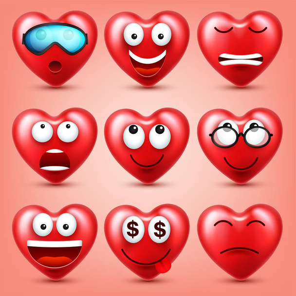 Szív Smiley Emoji vektor készlet Valentin-nap. Vicces piros arc-kifejezések és az érzelmek. Szerelmi szimbólum. - Vektor, kép