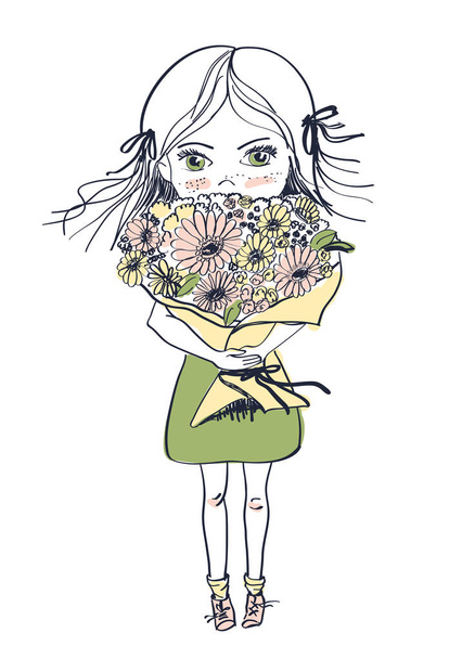 Sproeten meisje in een jurk met grote boeket van bloemen, vector illustratie - Vector, afbeelding