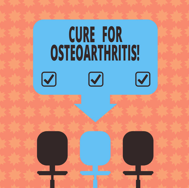 Writing note showing Cure For Osteoarthritis. Business photo showcasing Treatment for the pain and stiffness of joints Space Color Arrow Pointing to One of the Three Swivel Chairs. - Photo, Image
