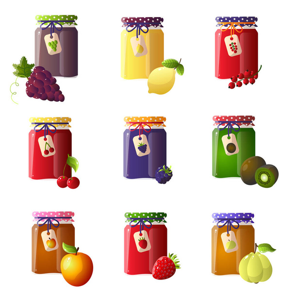 Set of beautiful jars with a different type of jam. Strawberry jam, kiwi, orange, raspberry and others. - Vektor, obrázek