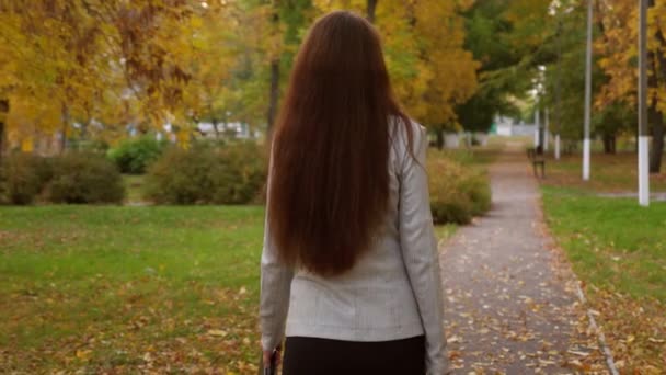 Dziewczyna prawnik w spódnicy i kurtka z czarną teczką w ręce, idzie wzdłuż chodnika do domu przez park jesień - Materiał filmowy, wideo