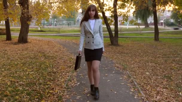 δικηγόρος κορίτσι με μαύρο χαρτοφύλακα πηγαίνει διαδρομή στο πάρκο φθινόπωρο - Πλάνα, βίντεο