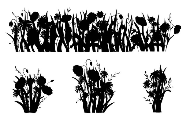 Силует квітників. Дикі лісові та садові квіти. Весняна концепція. Плоска векторна квіткова ілюстрація ізольована на білому тлі
. - Вектор, зображення