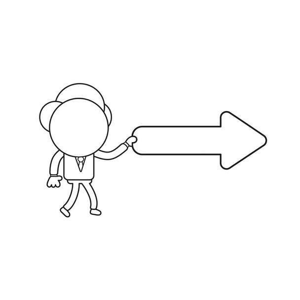 Векторная иллюстрация персонаж бизнесмена, ходящий и держащий стрелку, указывающую направо. Чёрный контур
. - Вектор,изображение