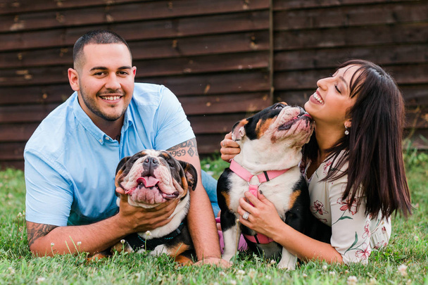 ein junges, modisches, verlobtes Paar spielt mit zwei glücklichen englischen Bulldoggen - Foto, Bild