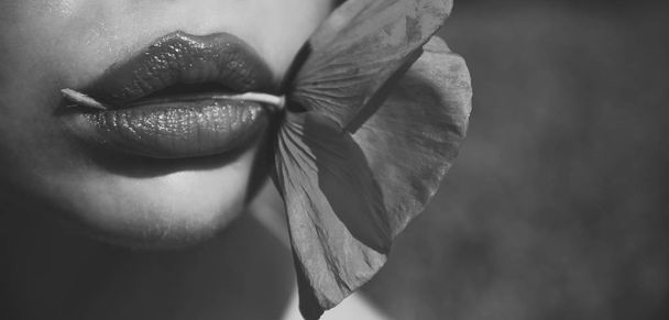 Woman with poppy flower in red lips, makeup. - Foto, afbeelding