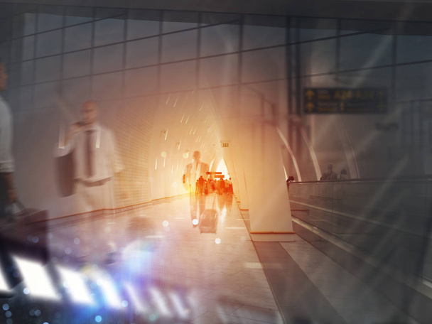 Double exposure with silhouettes of businessmen passengers in the airport. Concept of business travel - Foto, afbeelding