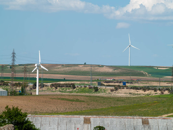 Mountain landscape with wind turbines in Salamanca. Concept of renewable energy - Photo, Image