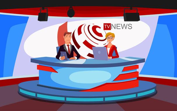 Live TV Ειδήσεις δείχνουν υποδοχής συνέντευξη. Ένα τηλεοπτικό στούντιο, μια ζωντανή τηλεοπτική εκπομπή ειδήσεων.  - Διάνυσμα, εικόνα