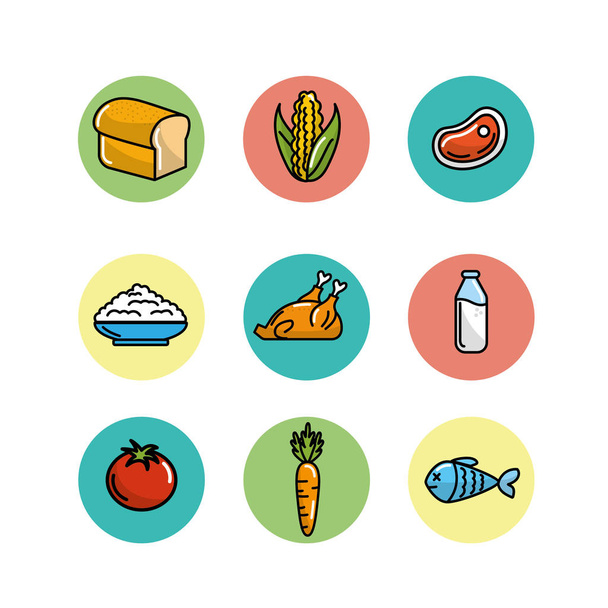 voeding-groenten en fruit met eiwitten en meel vectorillustratie instellen - Vector, afbeelding