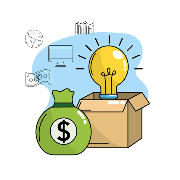 лампочка идея внутри коробки и сумки денежные деньги векторные иллюстрации
 - Вектор,изображение