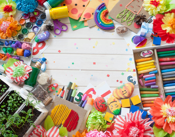 Materials for children's creativity. Drawings, plasticine, crafts. - Photo, image