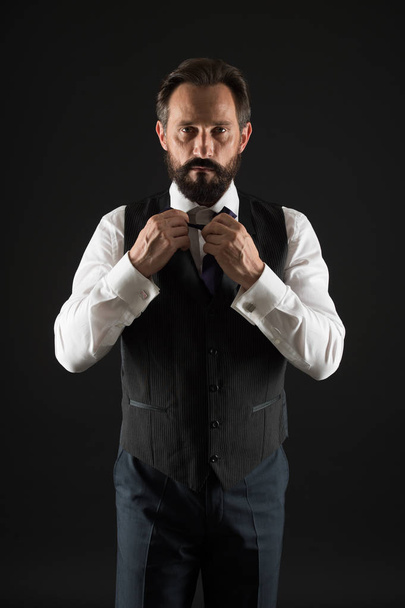 Man bearded guy wear white shirt and classic vest outfit. Formal outfit. Elegant outfit mature man. Take good care of your silhouette. How to dress for your age. Elegancy and male style. Classy style - Photo, image