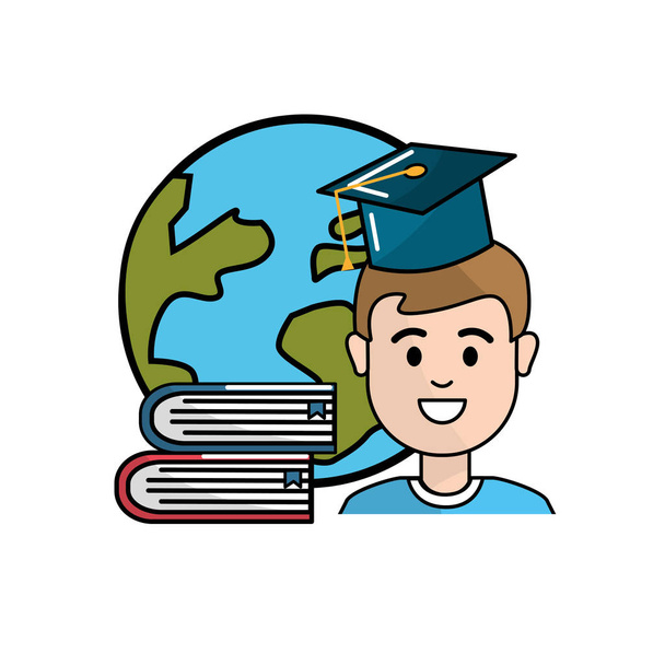 студент с дипломом о шляпе, глобальная планета и книги, векторная иллюстрация
 - Вектор,изображение