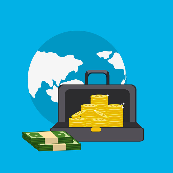 global with green bill and coins inside of suitcase, vector illustration - Vector, Image