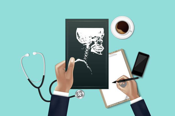 Doctor hand is holding patient X-ray film for physical examining while other hand is taking note data report., Workspace of medicine doctor with stethoscope, mobile phone, coffee cup on table top. - Vector, Image