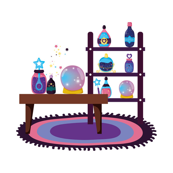 estanterías y mesa con botellas mágicas poción vector ilustración diseño
 - Vector, imagen