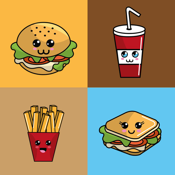kawaii establecer icono de comida rápida expresión adorable, vector de ilustración
 - Vector, imagen