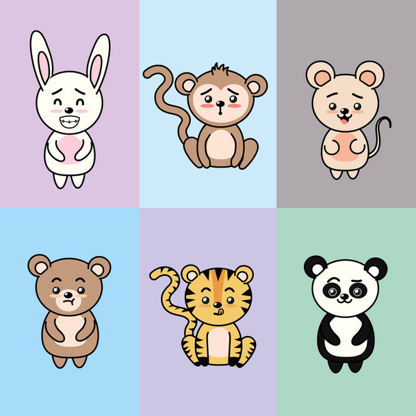 set cute and tender animals with expressions vector illustration - Vetor, Imagem