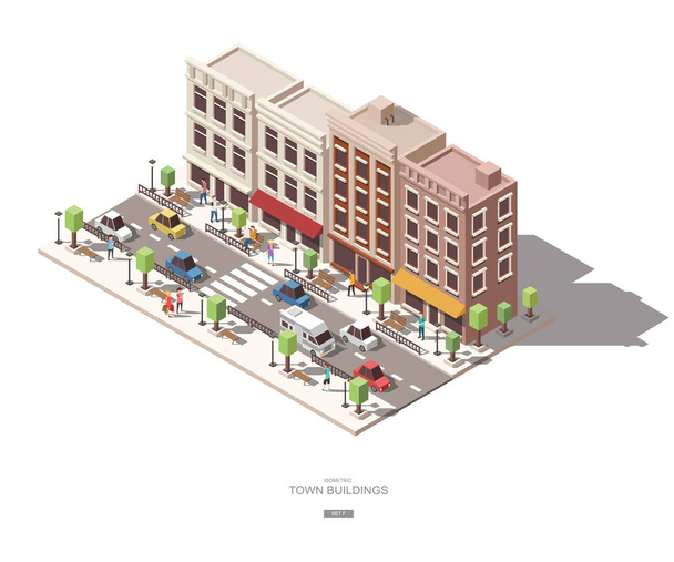 isometriset kaupunkirakennukset, joissa on ihmisiä, auton ja puun vektorin ikoni suunnittelu Set F
 - Vektori, kuva