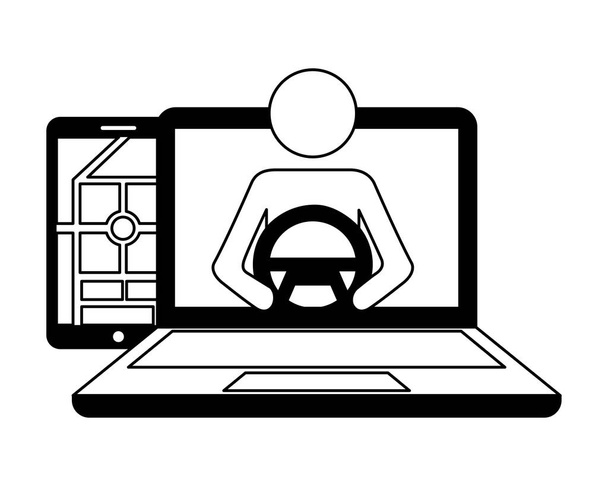 illustration vectorielle de conducteur mobile d'ordinateur portable de transport de voiture autonome
 - Vecteur, image