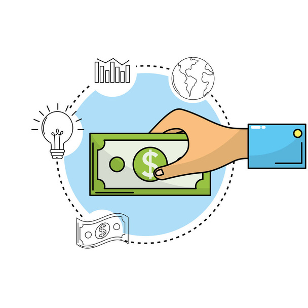 hand with bill cash money and business icons vector illustration - Vector, Image