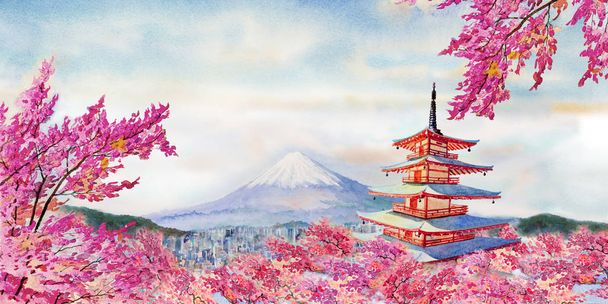 Aquarelle colorée peinture points de repère célèbres au Japon. Pagode rouge Chureito, Mont Fuji et fleur de cerisier de couleur rose belle au printemps au lever du soleil le matin, copier l'espace fond du ciel
. - Photo, image