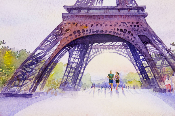 Obrazy mezník mezník Evropské město Paříž. Francie, Eiffelova věž a milovníky muže a ženy běhat ráno. Malba akvarel ilustrace, svatba, Valentýn, pozdrav s reklamou. - Fotografie, Obrázek