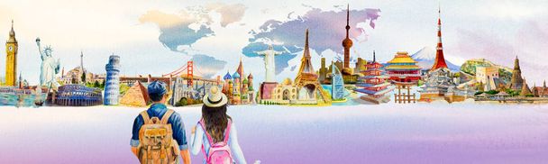 Paintings landmark two young tourists with backpacks sightseeing travel landmark around the world. Watercolor hand drawn painting illustration colorful with world map, sky background. Love Traveling concept - Photo, Image
